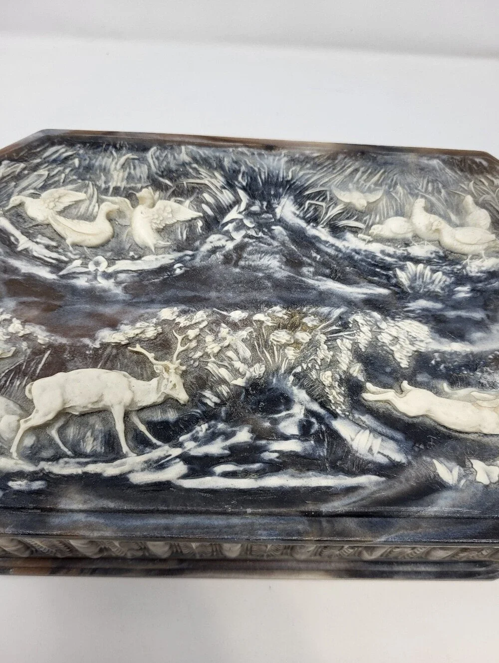 Incolay Stone Jewelry Keepsake Box Woodland Wildlife Vintage Deer Duck Rabbits
